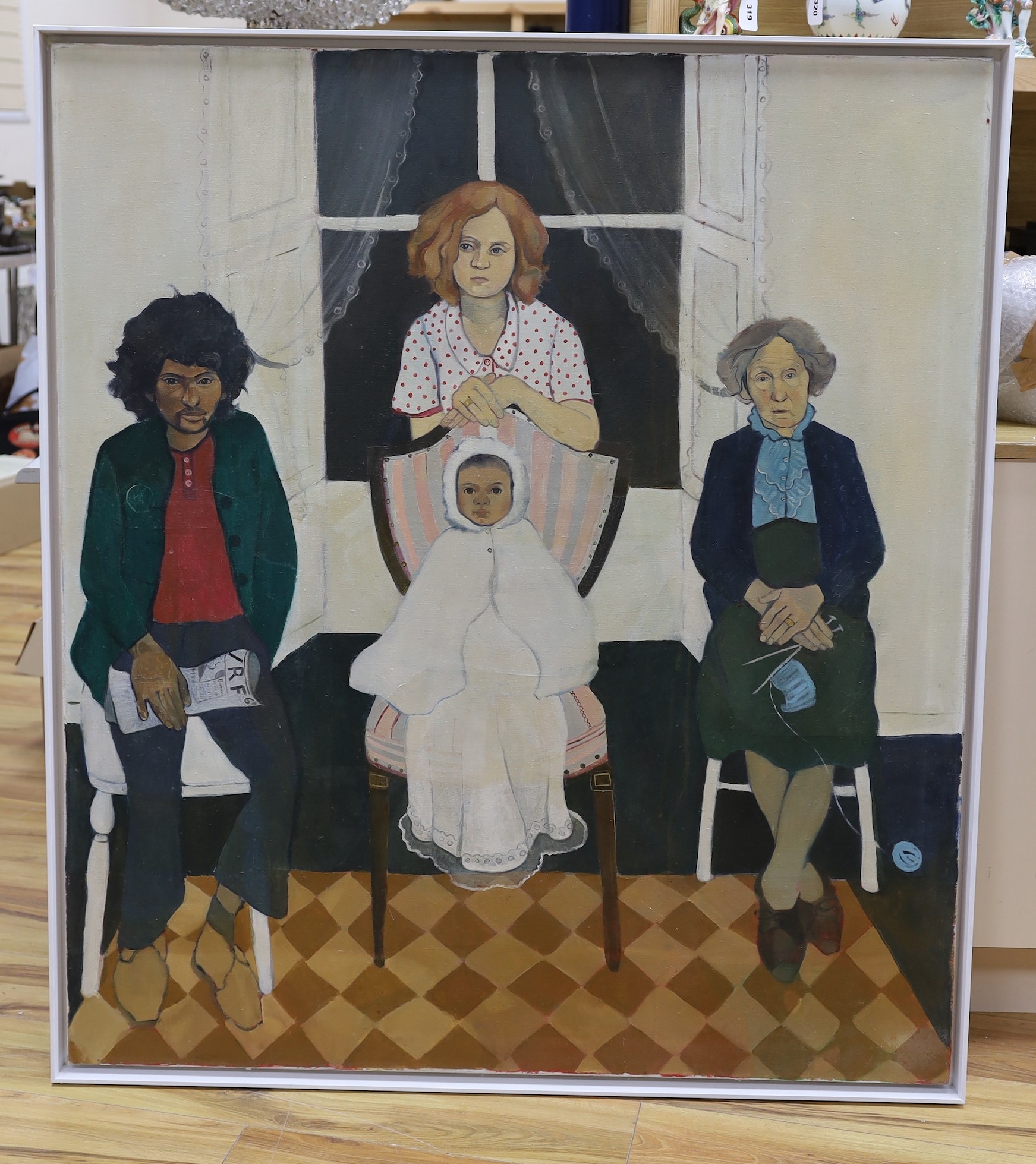 Modern British, oil on canvas, Figures seated before a window, 126 x 111cm